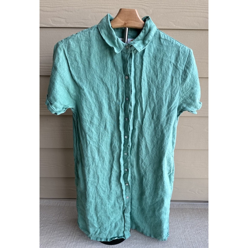 C & C California Womens Shirt Dress Green 100% Linen Collared Button Size S